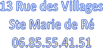 13 Rue des Villages
Ste Marie de R
06.85.55.41.51

